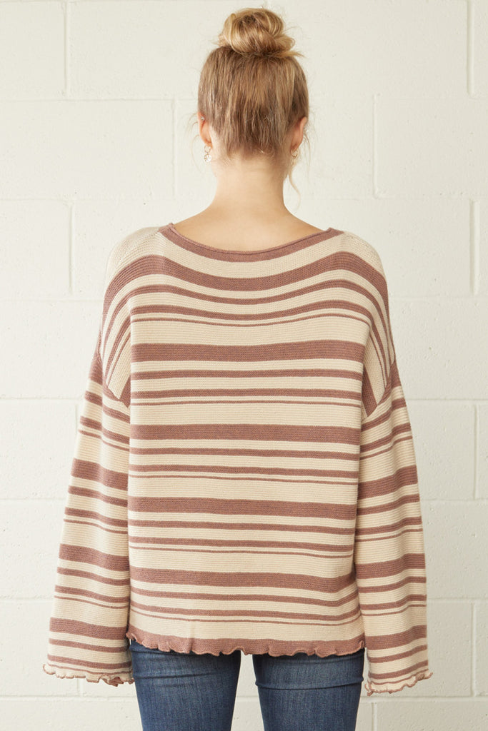 Striped Lettuce Trim Sweater {Mocha}